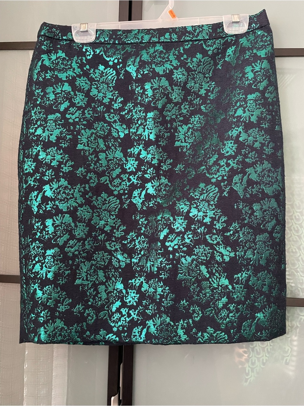 J. Crew Teal Metallic Floral Jacquard Pencil Skirt